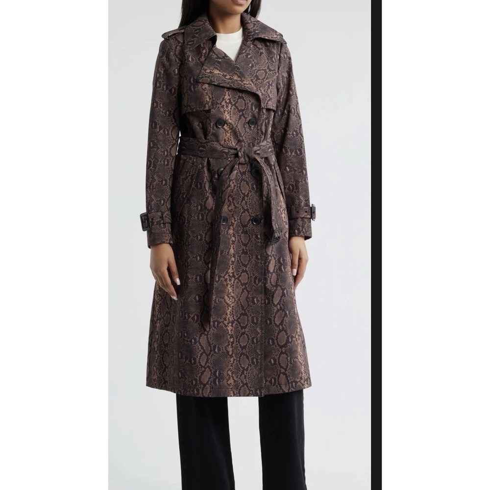 BCBGMAXAZRIA Brown Snake Print Double Breasted Trench Coat Midi Length Women's M